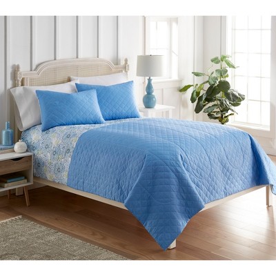 Blue Poppies Twin Microfiber Reversible Quilt Set