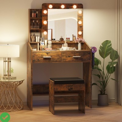 Makeup Vanity Desk w/Mirror and Lights Wood Vanity Table w/ Drawers Open Shelves Charging Station