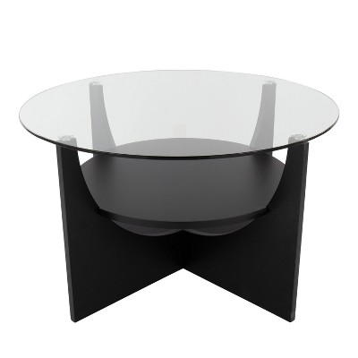 34" Circular Black Wood & Clear Glass Coffee Table with Storage Shelf