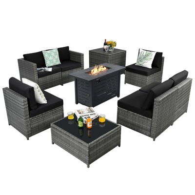Tangkula 9 PCS Rattan Dinning Set Wicker Sofa w/Propane Gas Fire Pit 60,000 Btu Heater