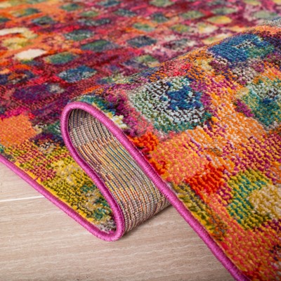 Fuchsia and Gold Abstract Synthetic Round Rug