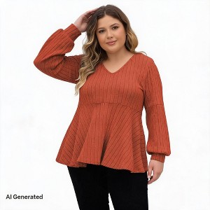 Plus Size Ribbed Knit Tops for Women V Neck Peplum Balloon Long