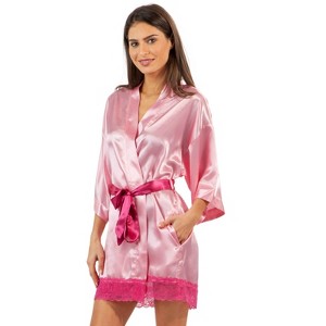 Ashford & Brooks Women's Satin Lace Short Duster Robe - 1 of 4