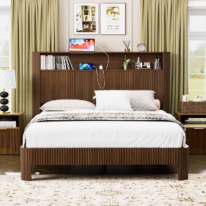 QingMoon Fluted Full XL Bed Frame, Walnut Wood Platform Bed Frame with Storage Headboard and Charging Station, Noise Free Slats - 1 of 4