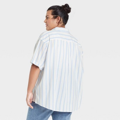 2X Universal Thread Women's Plus Size Striped Camp Shirt Romper Blue & White 
