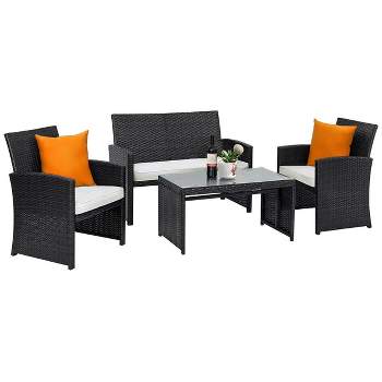 Costway 4PCS Patio Rattan Furniture Conversation Set Cushioned Sofa Coffee Table Black