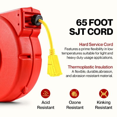 ReelWorks 65' Retractable Extension Cord Reel with Triple Tap