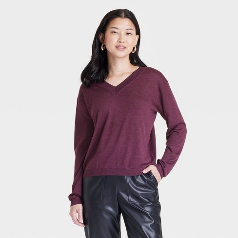 Burgundy v neck sweater women's hotsell