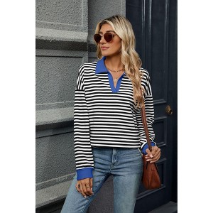 Women's Striped Color-Block Collar Long-Sleeve Casual Tee Sweatshirt Fall & Winter In-Stock Top for Daily Outings, Coffee Runs - 1 of 2