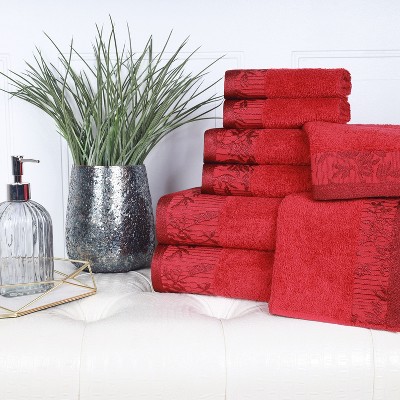 Cotton 8 Piece Bath Towel Set, Plush Quick Dry Decorative Bathroom, Embroidered Jacquard Border Floral Bohemian by Blue Nile Mills