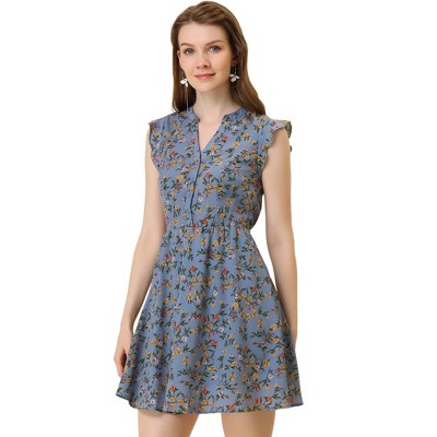 Allegra K Women's V-neck Ruffle Cap Sleeve A-line Floral Chiffon Dress Grey  Blue X-large : Target