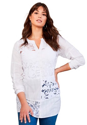 June + Vie by Roaman's Women's Plus Size Lace-Paneled Blouse, 10 W - White