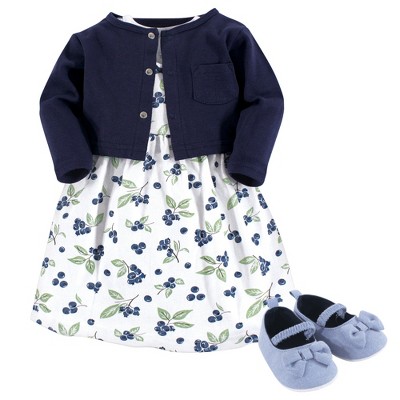 Hudson Baby Infant Girl Cotton Dress Cardigan And Shoe 3pc Set Blueberries Target