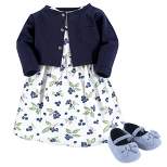 Hudson Baby Infant Girl Cotton Dress, Cardigan and Shoe 3pc Set, Blueberries