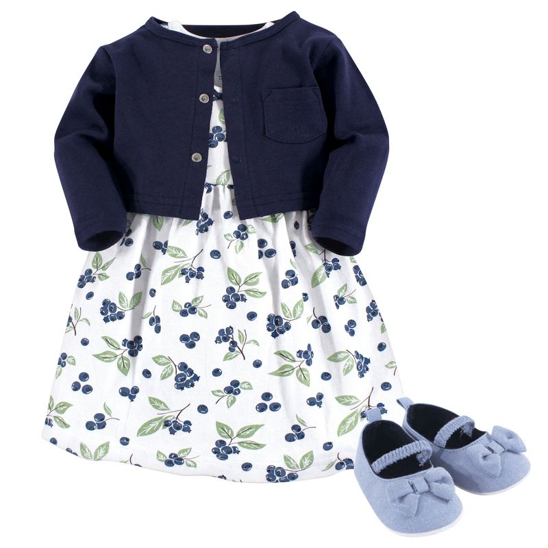 Hudson Baby Infant Girl Cotton Dress, Cardigan and Shoe 3pc Set, Blueberries, 1 of 7