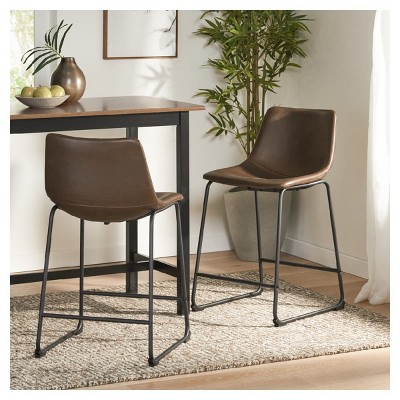 Set of 2 Counter Height Bar Stools, 24-Inch Armless Industrial Faux Leather Chairs with Metal Frame and Footrest for Bar or Kitchen Island–Tanpinhause