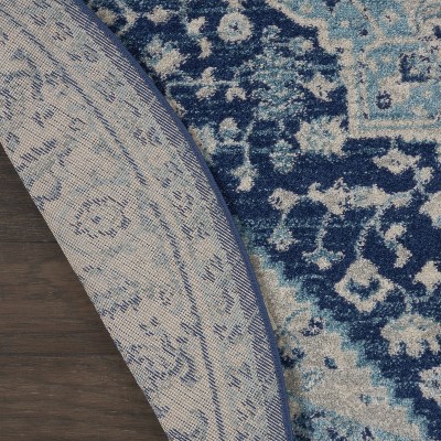 Ivory & Navy Vintage Kashan Round Area Rug, 5'3" Easy-Care Viscose