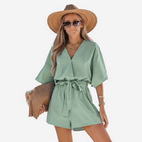 Women's Belted Surplice Short Romper - Cupshe-xl-light Green : Target