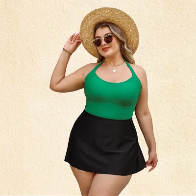 Women's Plus Size Alluring Two-Tone Swimdress with Halter Tie - Cupshe