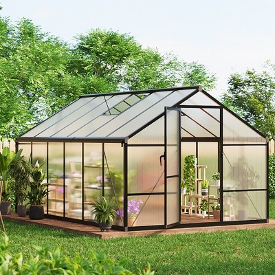 Garvee Walk-In Greenhouse with Polycarbonate Panels, Aluminum Frame, Quick Setup, Roof Vent, Outdoor Garden Greenhouse