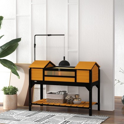 Yellow Wooden Tortoise Habitat with Adjustable Lamp Holder and Storage Shelf