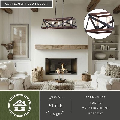VAXCEL Wade 5L Black and Wood Rustic Cage Linear Chandelier Island Pendant Light Fixture