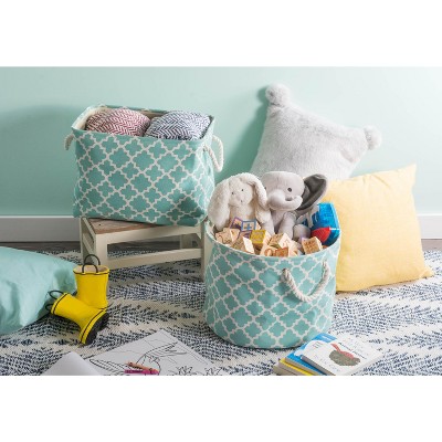 Aqua and White Fabric Collapsible Storage Bin with Rope Handles