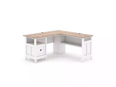Soft White L-Shaped Wood Corner Desk with Drawer and Keyboard Tray