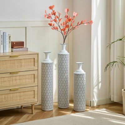 Aukfa Set of 3 White Metal Floor Vases – Large Glazed Decorative Vases for Home Décor, 24", 28.7", 33.5" High
