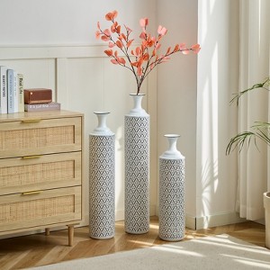 Aukfa Set of 3 White Metal Floor Vases – Large Glazed Decorative Vases for Home Décor, 24", 28.7", 33.5" High - 1 of 4