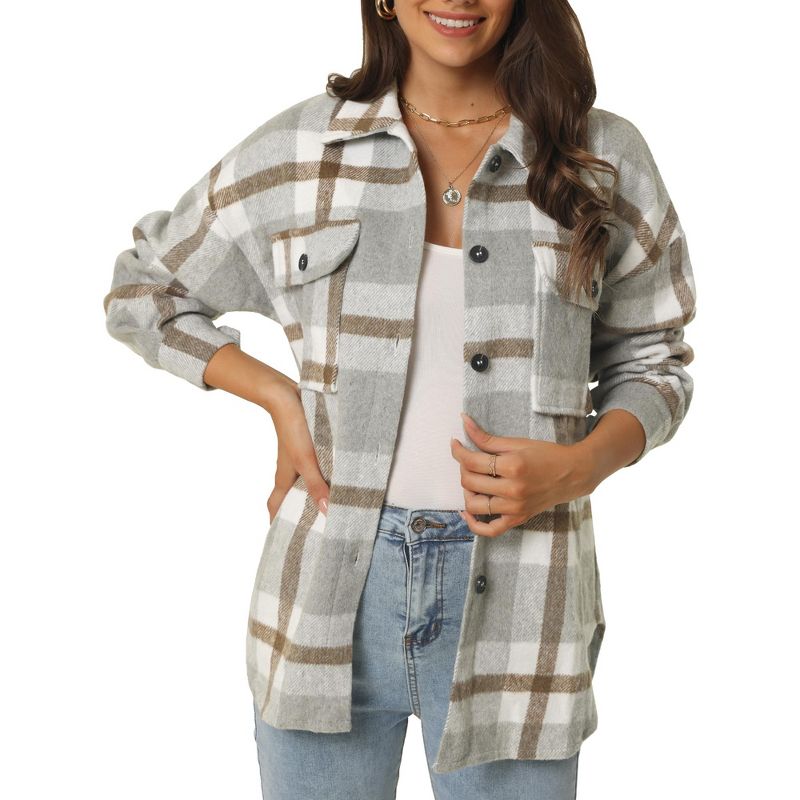 Seta T Women's Fall Winter Button Front Closure Long Sleeve Plaid Jacket with Pockets, 1 of 6