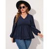 Coolmee Women's Plus Size Blouse Summer Casual V Neck Long Lantern Sleeve Tops Fold Pleated Ruffle Hem Blouse Solid Peplum Top 2XL Navy blue - 2 of 4