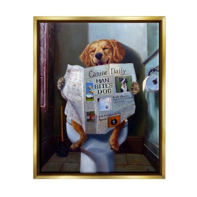 Stupell Industries Dog Reading the Newspaper On Toilet Funny Painting