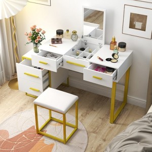 SKRAN Makeup Vanity Set with Mirror, Dresser Table with Nightstand, 4 Drawers - MDF, Ideal for Bedroom and Beauty Essentials Organization - 1 of 4