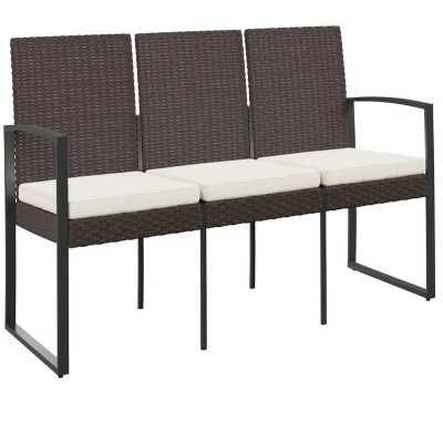 60"3-Seater Patio Bench with Cushions Brown PP Rattan