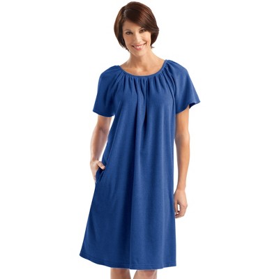 Collections Etc Solid Color Comfort Fit Short-Sleeve Terry Cotton Summer Dress with Side Pockets and Elastic Scooped Neckline