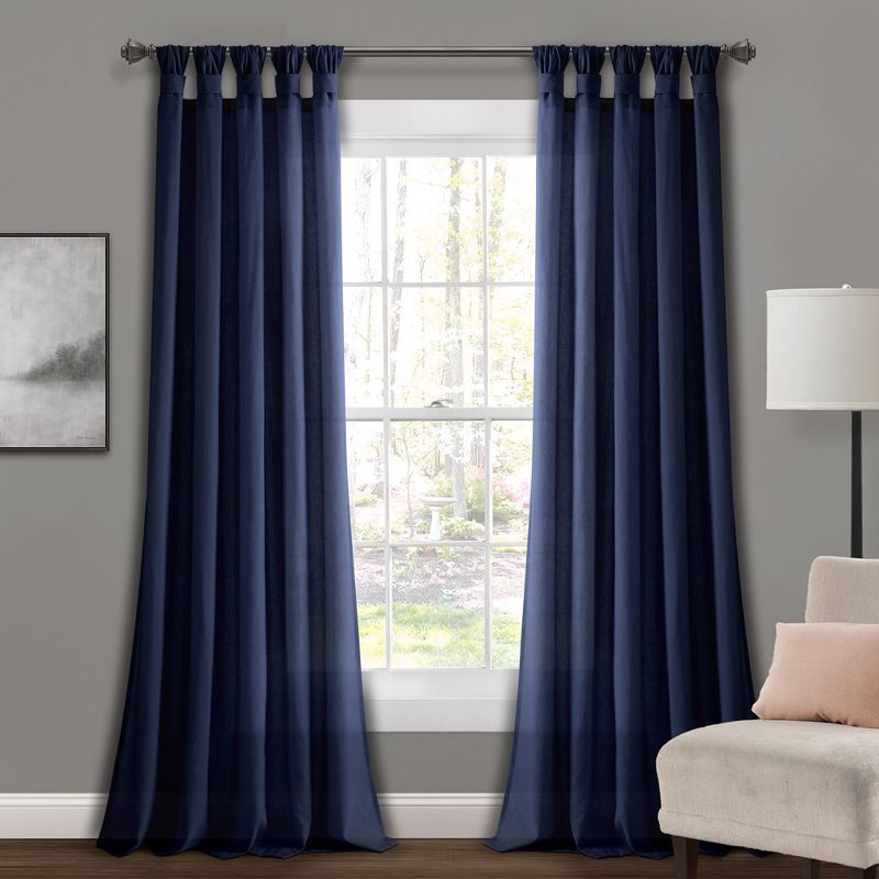 Burlap Knotted Tab Top Window Curtain Panels Navy Pair 45X84 Set, 1 of 7