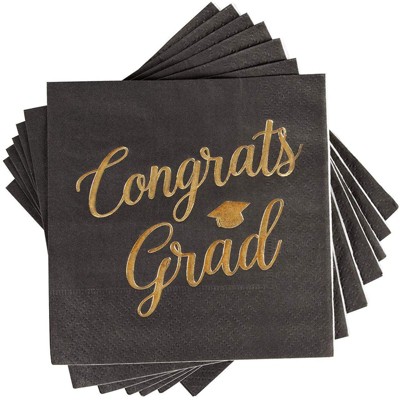 Blue Panda 50-Pack Congrats Grad Black Gold Foil Disposable Paper Napkins for Graduation Party Supplies