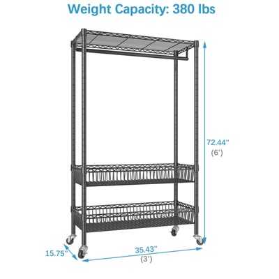 Black Powder-Coated Metal Rolling Garment Rack with Wire Shelves