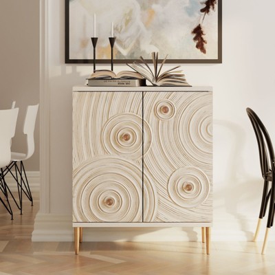 JIONJOY Distressed White Farmhouse Storage Cabinet with Wood Grain & Gold Handles - 2-Door Boho Chic Sideboard for Bedroom or Living Room