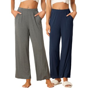 cheibear Women's Cotton Elastic Waist Straight Wide Leg Long Pants with Pocket 2 Pack - 1 of 4