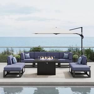 LayinSun 9-Piece Large Outdoor Modular L-Shaped Sectional Set with Propane Fire Pit Table - 1 of 4