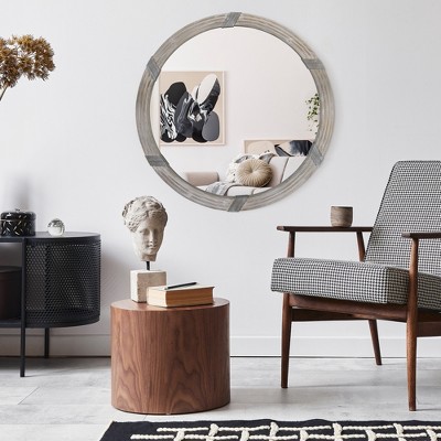 VYNXARIA 31" x 31" Wood Wall Mirror, Farmhouse Decorative e Round Mirror for Wall Decor in Living Room, Bedroom, Natural Wood Color