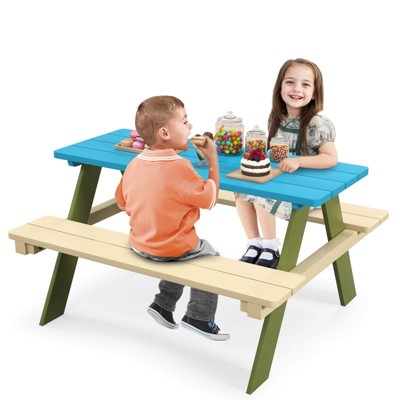 Infans Kids Wooden Picnic Table Set Solid Dining Table with Built-in Benches for Patio