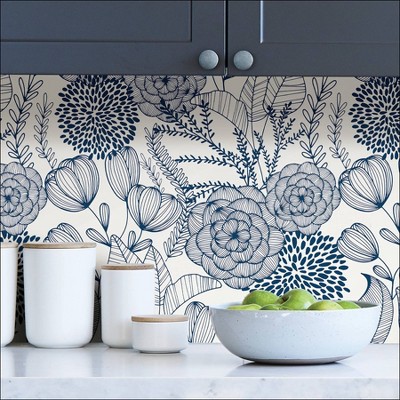 Navy Floral Garden Peel and Stick Wallpaper, Self-Adhesive Vinyl