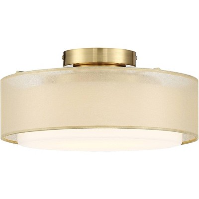 Possini Euro Design Halsted Modern Ceiling Light Semi Flush Mount Fixture  15 Wide Warm Brass 2-Light Oatmeal Linen Drum for Bedroom Living Room  House 