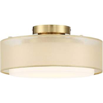 Possini Euro Design Ceiling Light Semi Flush Mount Fixture 12 1/2" Wide Plated Gold 2-Light Sheer Fabric Outer Opal White Glass Drum Shade for Bedroom