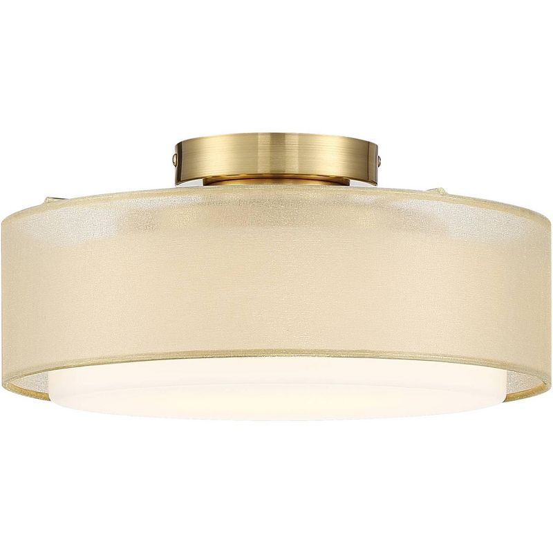 Possini Euro Design Ceiling Light Semi Flush Mount Fixture 12 1/2" Wide Plated Gold 2-Light Sheer Fabric Outer Opal White Glass Drum Shade for Bedroom, 1 of 8