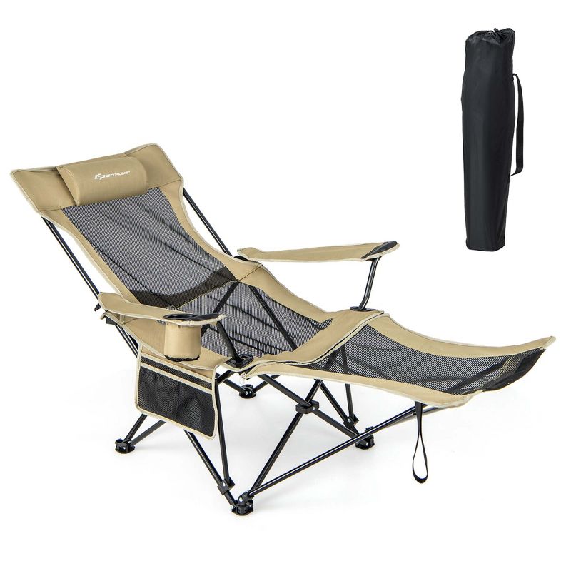 Costway Folding Camping Chair with Detachable Footrest for Fishing, Camp, Picnics Khaki/Grey, 1 of 11