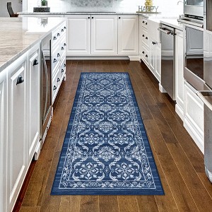 Modern Rugs Floral Print Mat Non-Slip Boho Low Pile Non-Shedding Carpet, 2' x 8' Blue - 1 of 4